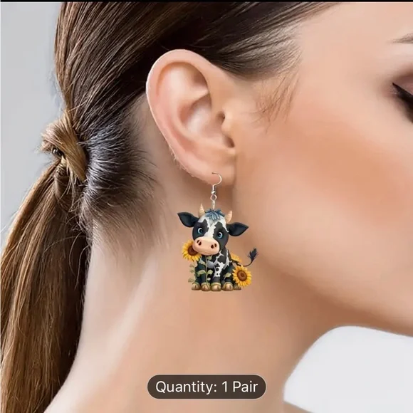 Cow and Sunflower Arylic Dangle Earrings - Picture 3 of 6